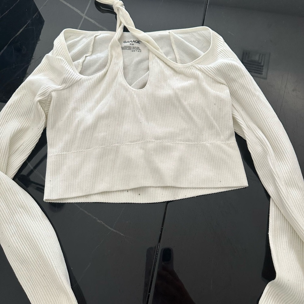 Garage Cream Ribbed Cut-Out Top